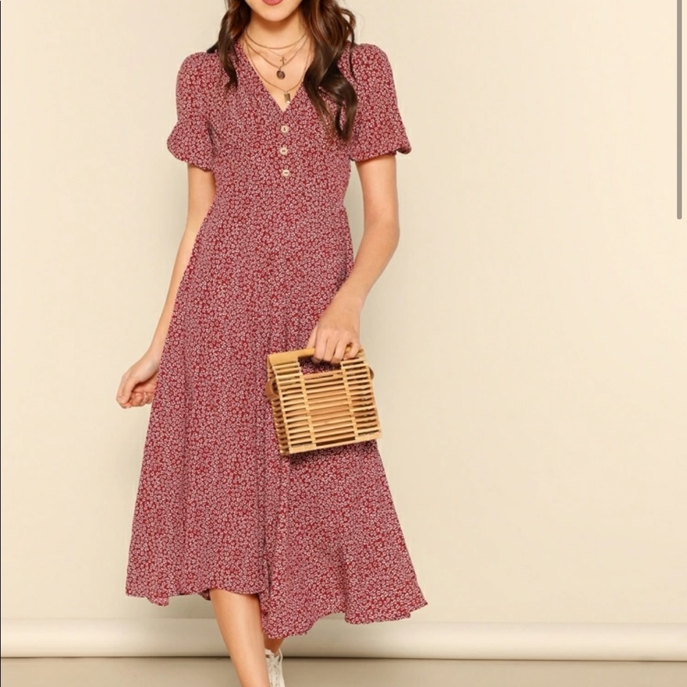 Button Front Allover Print V-neck Dress